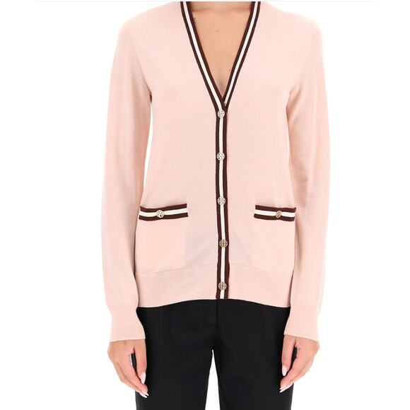 Tory Burch Madeline Merino Wool Grandpa Cardigan Pink Maroon Buttons Size Large - Picture 1 of 8